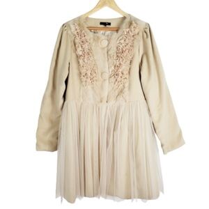 Ryu Anthropologie Beige Coat Tulle Overlay Fur Bodice Large EUC